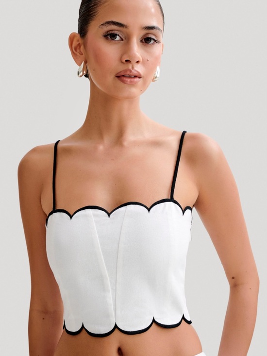 Meshki Tops - Meshki White Crop Top with Black Scallop Trim